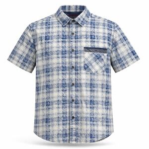 1775 Button Down Shirt Men Small Blue White Plaid Distressed Short Sleeve